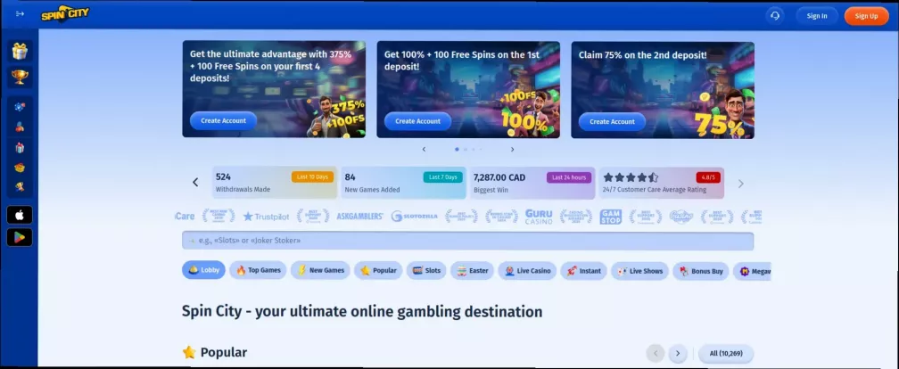 Spin City 375% bonus and 100 Free Spins up to 1,200 CAD